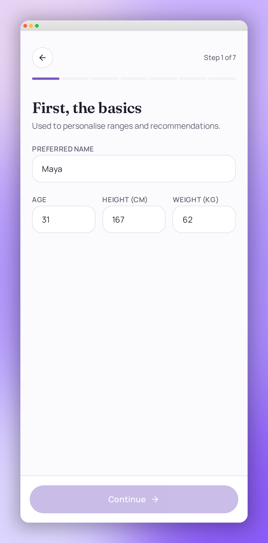 InnoCare FEM mobile app — personalised onboarding asking for your name, age, height and weight
