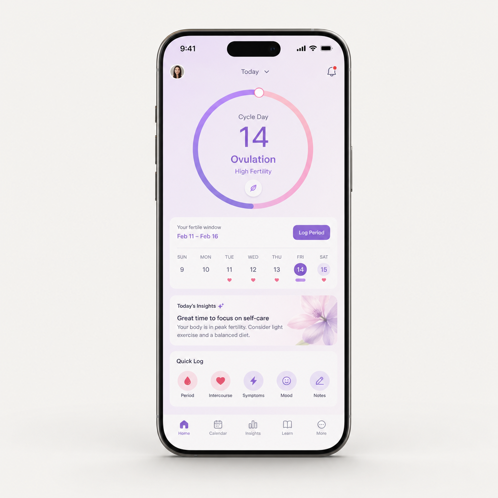 InnoCare FEM running on an iPhone 17 Pro Max, showing the cycle dashboard with fertile window predictions and daily insights